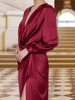 Sheath/Column Crossover V-Neck Long Sleeves Ruched Wrap Evening Dresses with Split Side — view 4