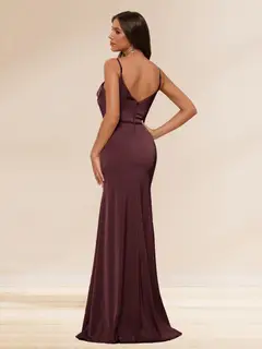 Sheath/Column Spaghetti Straps Long Formal Dresses with Split Side & Ruched — view 2