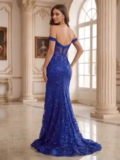 Trumpet/Mermaid Off-the-Shoulder Slit Long Prom Dresses with Sequin Appliques — view 2