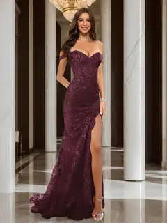 Trumpet/Mermaid Off-the-Shoulder Slit Long Prom Dresses with Sequin Appliques — view 7