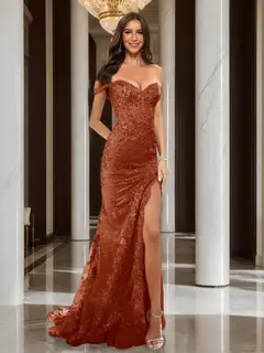 Trumpet/Mermaid Off-the-Shoulder Slit Long Prom Dresses with Sequin Appliques — view 8