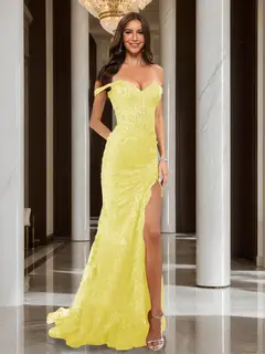 Trumpet/Mermaid Off-the-Shoulder Slit Long Prom Dresses with Sequin Appliques — view 9