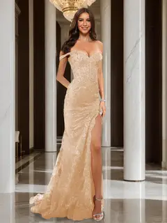 Trumpet/Mermaid Off-the-Shoulder Slit Long Prom Dresses with Sequin Appliques — view 10