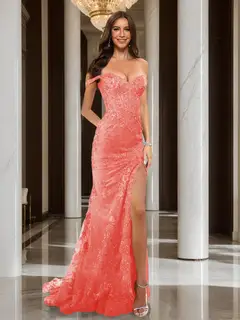 Trumpet/Mermaid Off-the-Shoulder Slit Long Prom Dresses with Sequin Appliques — view 11