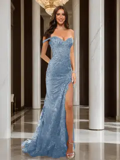 Trumpet/Mermaid Off-the-Shoulder Slit Long Prom Dresses with Sequin Appliques — view 13