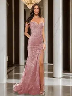 Trumpet/Mermaid Off-the-Shoulder Slit Long Prom Dresses with Sequin Appliques — view 14