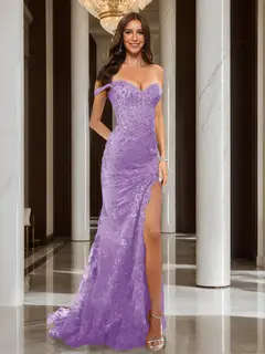 Trumpet/Mermaid Off-the-Shoulder Slit Long Prom Dresses with Sequin Appliques — view 15