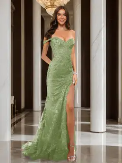 Trumpet/Mermaid Off-the-Shoulder Slit Long Prom Dresses with Sequin Appliques — view 17