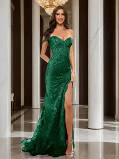 Trumpet/Mermaid Off-the-Shoulder Slit Long Prom Dresses with Sequin Appliques — view 18