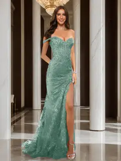 Trumpet/Mermaid Off-the-Shoulder Slit Long Prom Dresses with Sequin Appliques — view 19