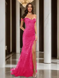 Trumpet/Mermaid Off-the-Shoulder Slit Long Prom Dresses with Sequin Appliques — view 20