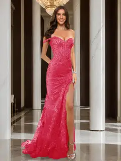 Trumpet/Mermaid Off-the-Shoulder Slit Long Prom Dresses with Sequin Appliques — view 21