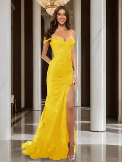 Trumpet/Mermaid Off-the-Shoulder Slit Long Prom Dresses with Sequin Appliques — view 22