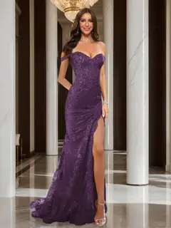 Trumpet/Mermaid Off-the-Shoulder Slit Long Prom Dresses with Sequin Appliques — view 23