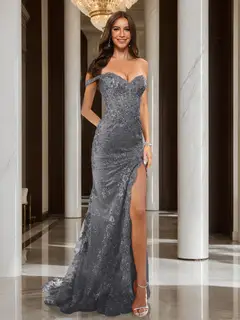 Trumpet/Mermaid Off-the-Shoulder Slit Long Prom Dresses with Sequin Appliques — view 24