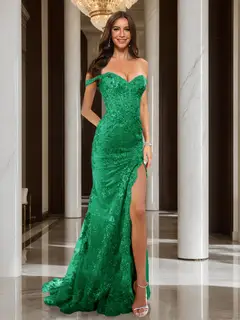 Trumpet/Mermaid Off-the-Shoulder Slit Long Prom Dresses with Sequin Appliques — view 25