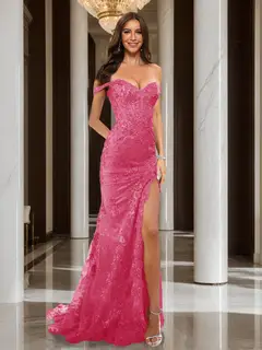 Trumpet/Mermaid Off-the-Shoulder Slit Long Prom Dresses with Sequin Appliques — view 26