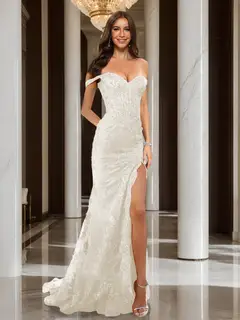 Trumpet/Mermaid Off-the-Shoulder Slit Long Prom Dresses with Sequin Appliques — view 27