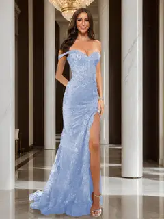 Trumpet/Mermaid Off-the-Shoulder Slit Long Prom Dresses with Sequin Appliques — view 28