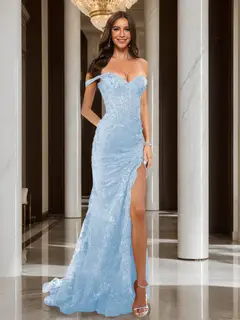 Trumpet/Mermaid Off-the-Shoulder Slit Long Prom Dresses with Sequin Appliques — view 29