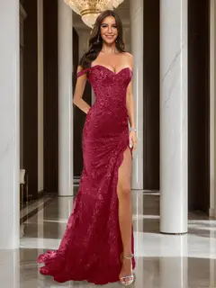 Trumpet/Mermaid Off-the-Shoulder Slit Long Prom Dresses with Sequin Appliques — view 30