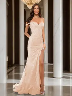 Trumpet/Mermaid Off-the-Shoulder Slit Long Prom Dresses with Sequin Appliques — view 31