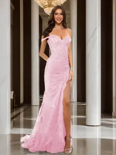 Trumpet/Mermaid Off-the-Shoulder Slit Long Prom Dresses with Sequin Appliques — view 32