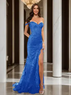 Trumpet/Mermaid Off-the-Shoulder Slit Long Prom Dresses with Sequin Appliques — view 34
