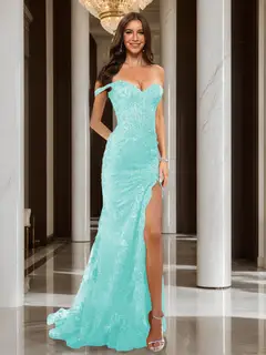 Trumpet/Mermaid Off-the-Shoulder Slit Long Prom Dresses with Sequin Appliques — view 35