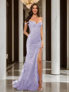 Trumpet/Mermaid Off-the-Shoulder Slit Long Prom Dresses with Sequin Appliques — view 36