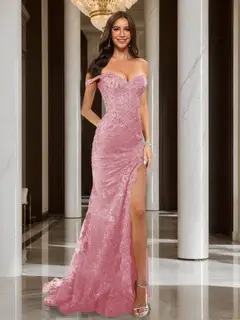 Trumpet/Mermaid Off-the-Shoulder Slit Long Prom Dresses with Sequin Appliques — view 37