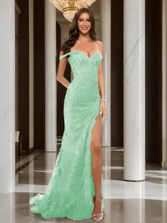 Trumpet/Mermaid Off-the-Shoulder Slit Long Prom Dresses with Sequin Appliques — view 38