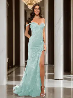 Trumpet/Mermaid Off-the-Shoulder Slit Long Prom Dresses with Sequin Appliques — view 39