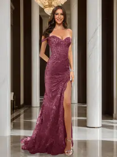 Trumpet/Mermaid Off-the-Shoulder Slit Long Prom Dresses with Sequin Appliques — view 40