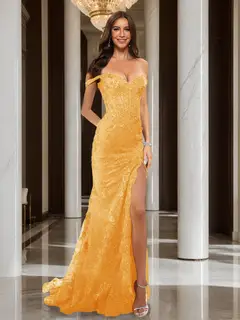 Trumpet/Mermaid Off-the-Shoulder Slit Long Prom Dresses with Sequin Appliques — view 41