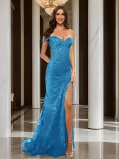 Trumpet/Mermaid Off-the-Shoulder Slit Long Prom Dresses with Sequin Appliques — view 43