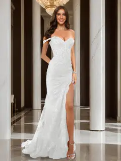 Trumpet/Mermaid Off-the-Shoulder Slit Long Prom Dresses with Sequin Appliques — view 44