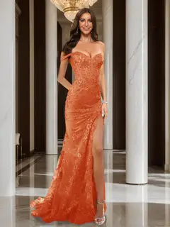 Trumpet/Mermaid Off-the-Shoulder Slit Long Prom Dresses with Sequin Appliques — view 46