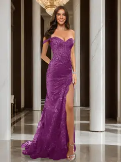 Trumpet/Mermaid Off-the-Shoulder Slit Long Prom Dresses with Sequin Appliques — view 47