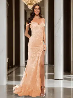 Trumpet/Mermaid Off-the-Shoulder Slit Long Prom Dresses with Sequin Appliques — view 48
