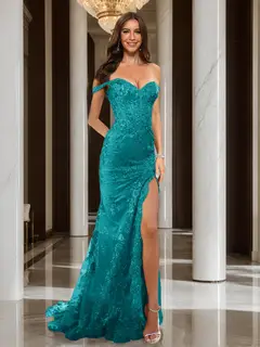 Trumpet/Mermaid Off-the-Shoulder Slit Long Prom Dresses with Sequin Appliques — view 49