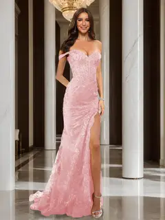 Trumpet/Mermaid Off-the-Shoulder Slit Long Prom Dresses with Sequin Appliques — view 50