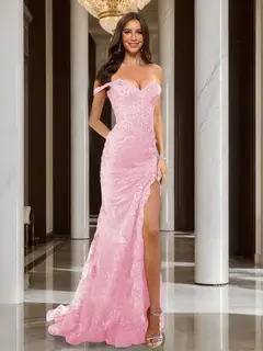 Trumpet/Mermaid Off-the-Shoulder Slit Long Prom Dresses with Sequin Appliques — view 51