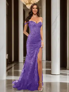 Trumpet/Mermaid Off-the-Shoulder Slit Long Prom Dresses with Sequin Appliques — view 53