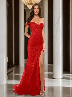 Trumpet/Mermaid Off-the-Shoulder Slit Long Prom Dresses with Sequin Appliques — view 54
