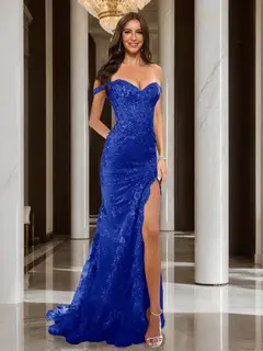 Trumpet/Mermaid Off-the-Shoulder Slit Long Prom Dresses with Sequin Appliques — view 55