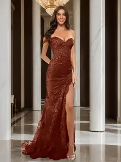 Trumpet/Mermaid Off-the-Shoulder Slit Long Prom Dresses with Sequin Appliques — view 56