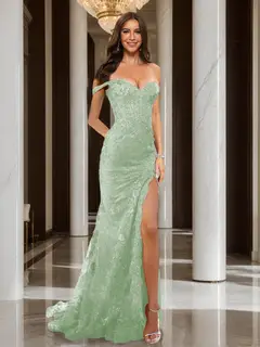 Trumpet/Mermaid Off-the-Shoulder Slit Long Prom Dresses with Sequin Appliques — view 57