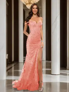 Trumpet/Mermaid Off-the-Shoulder Slit Long Prom Dresses with Sequin Appliques — view 58