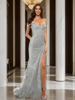 Trumpet/Mermaid Off-the-Shoulder Slit Long Prom Dresses with Sequin Appliques — view 59